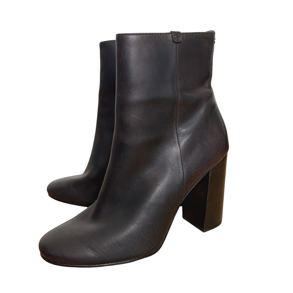 Frye Boots Dark Brown Leather Block Heel Ankle Boots Side Zip Minimalist Booties